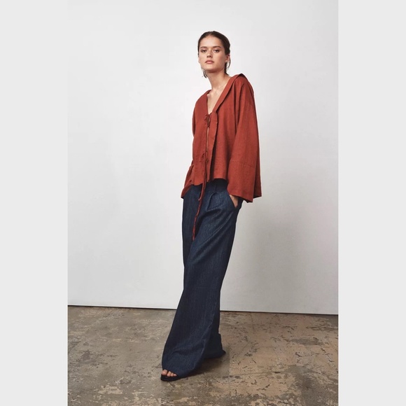 Zara 100% Linen Blouse Lagenlook Oversized Brick Long Sleeve ZW Collection L - Picture 3 of 16